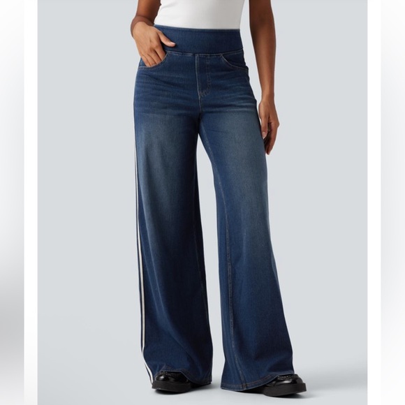 NWT Halara Wide Leg Flex Denim with White Stripes Size L - Picture 5 of 12